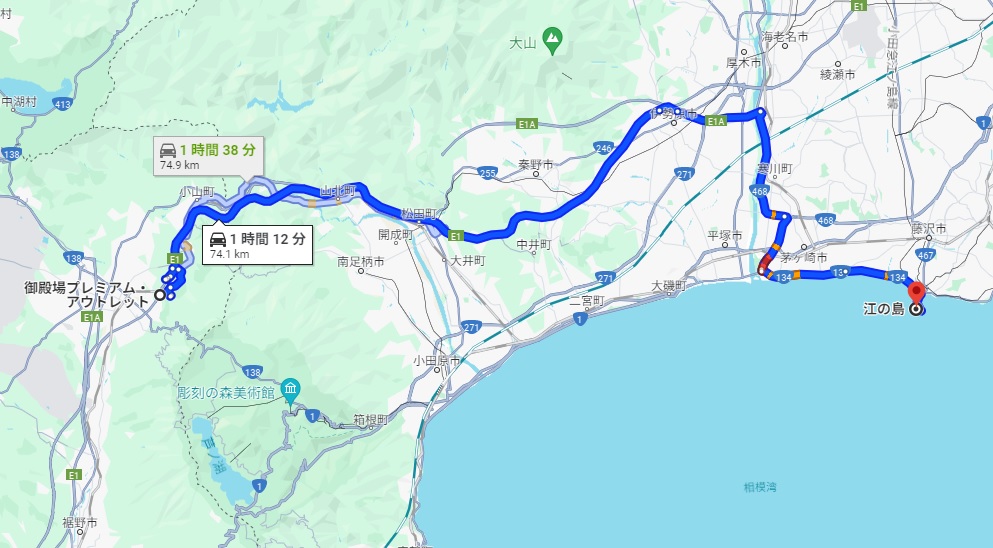 グーグルマップで解説。御殿場から江の島。新東名ルート