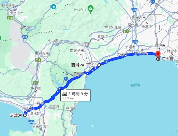 グーグルマップで解説。沼津港～江の島。西湘バイパス