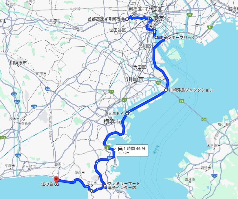 グーグルマップで解説。新宿～江の島。湾岸線ルート。