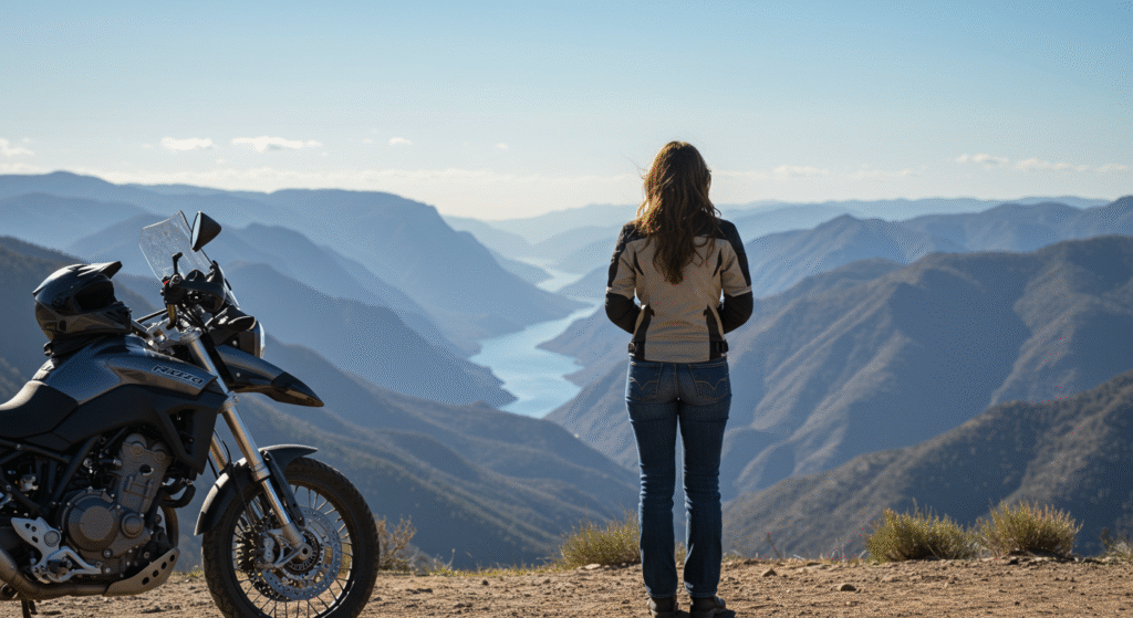 絶景に感動する女性ライダー